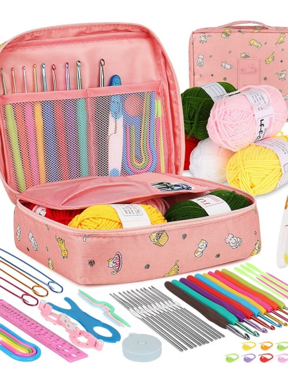 New Crochet Starter Kit with Pink Case and Multicolor Yarn